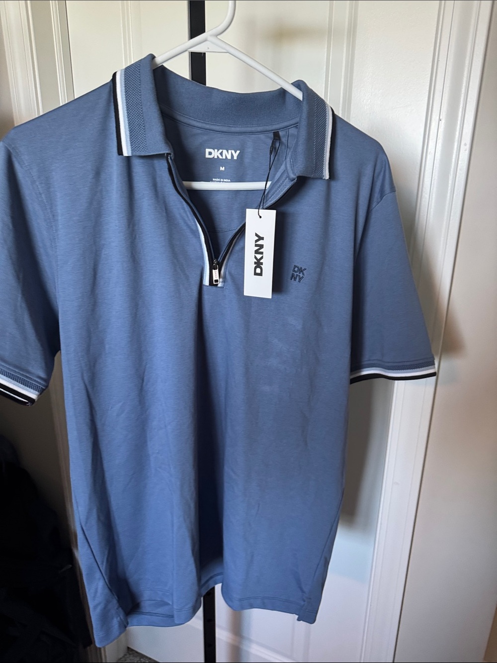 DKNY Men's Slate Blue Zip-Front Polo with Contrast Trim